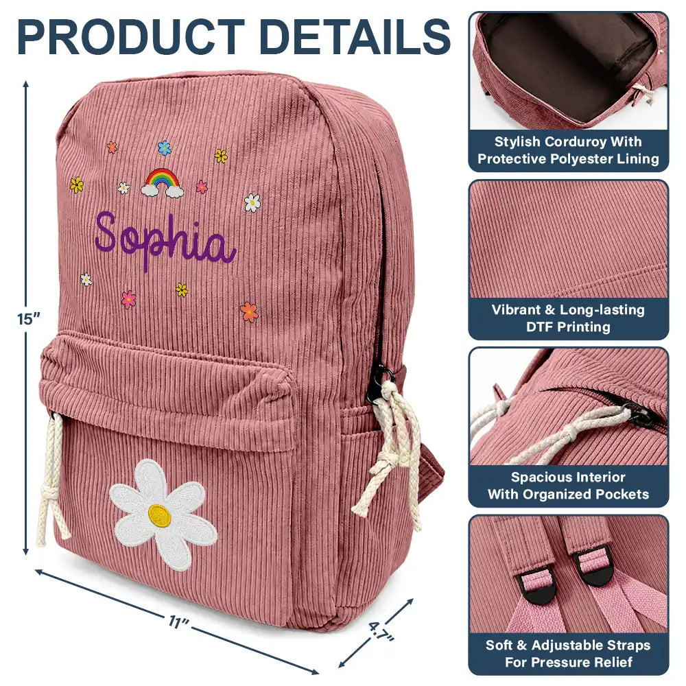 Back To School, Gift For Kids, Adorable, Icon - Faux Embroidery Effect Kid's Name - Personalized Corduroy Backpack