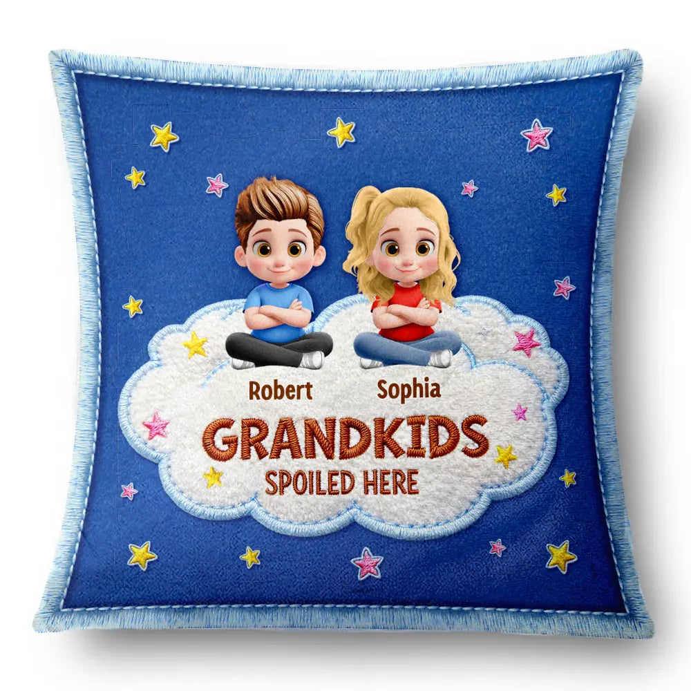 Gift For Grandma,Gift For Grandpa,Grandpa - Grandkids,Grandma - Grandkids,Gift For Women,Gift For Men,Happy - Faux Embroidery Effect Spoiled Grandkids Live Here - Personalized Pillow