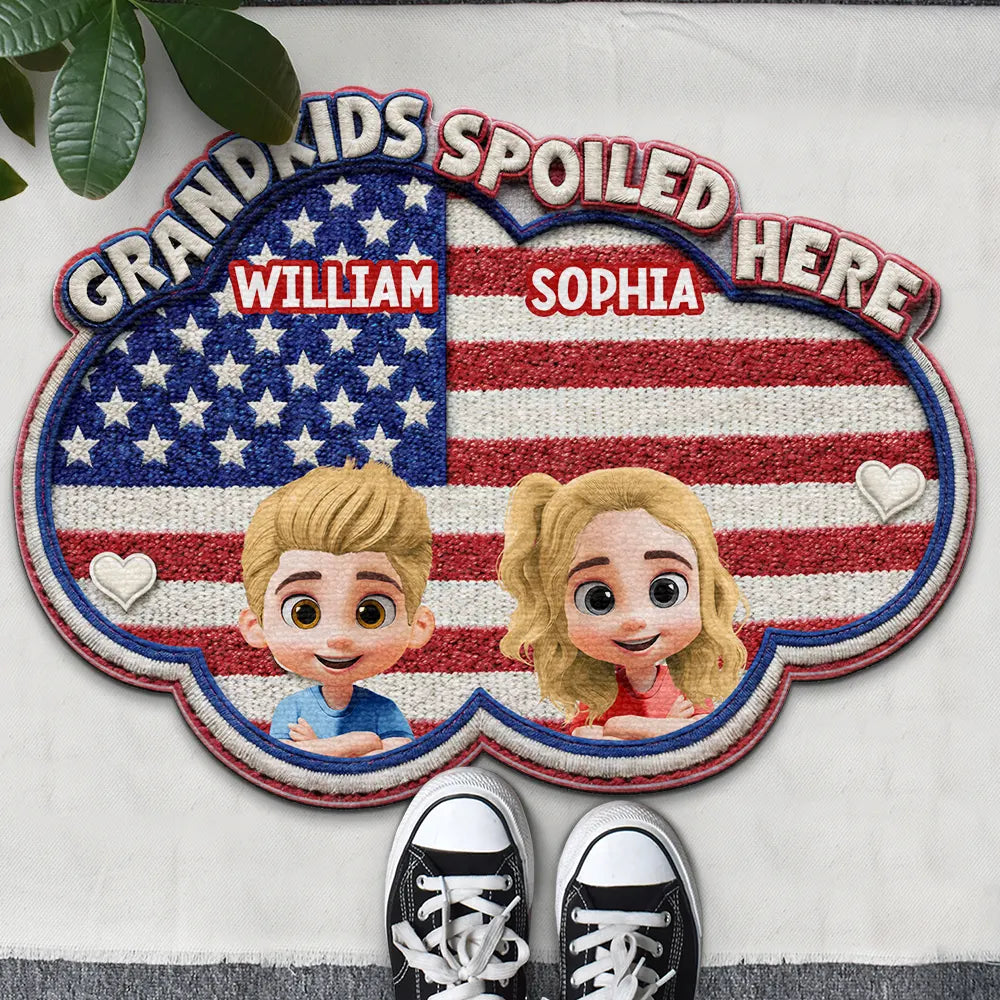 Faux Embroidery Effect Star & Stripes Grandkids Spoiled Here - Personalized Custom Shaped Doormat