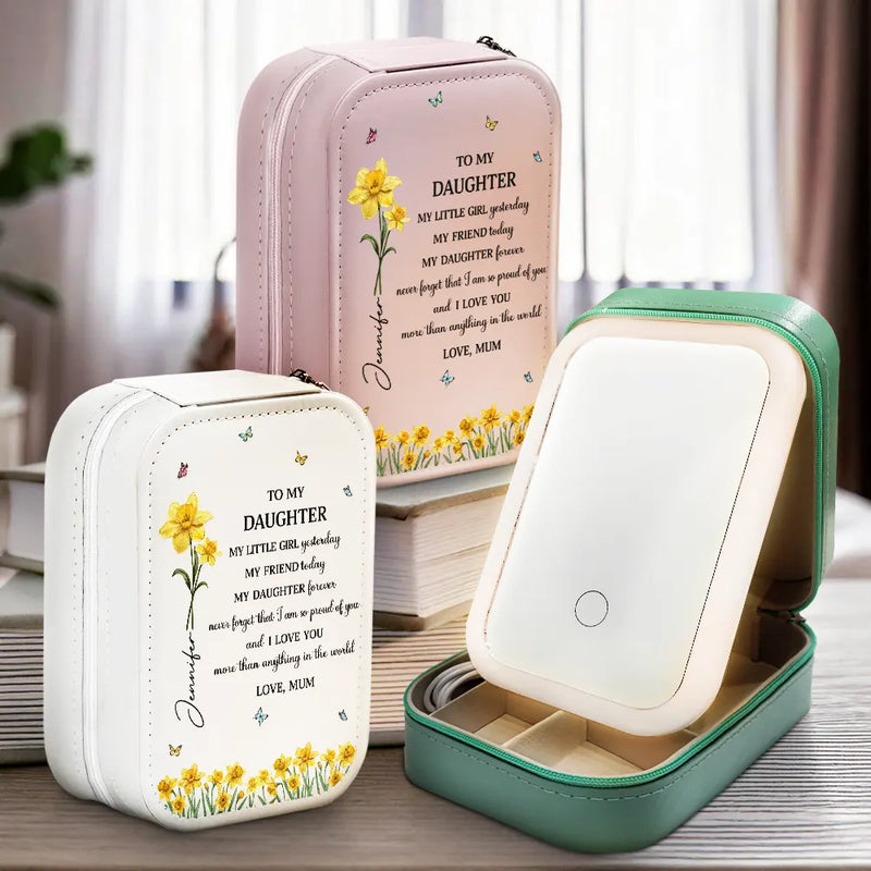 Gift For Daughter, Gift For Women, Happy, Gift For Grandkids - Faux Pressed Birth Flower My Daughter Forever - Personalized Makeup Box With LED Mirror