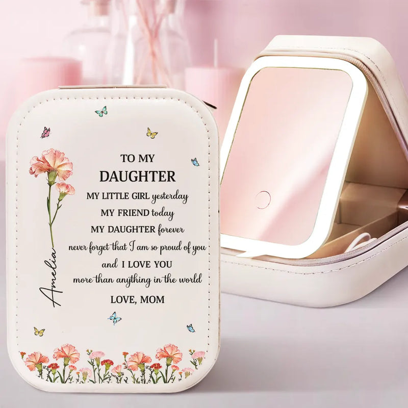 Gift For Daughter, Gift For Women, Happy, Gift For Grandkids - Faux Pressed Birth Flower My Daughter Forever - Personalized Makeup Box With LED Mirror