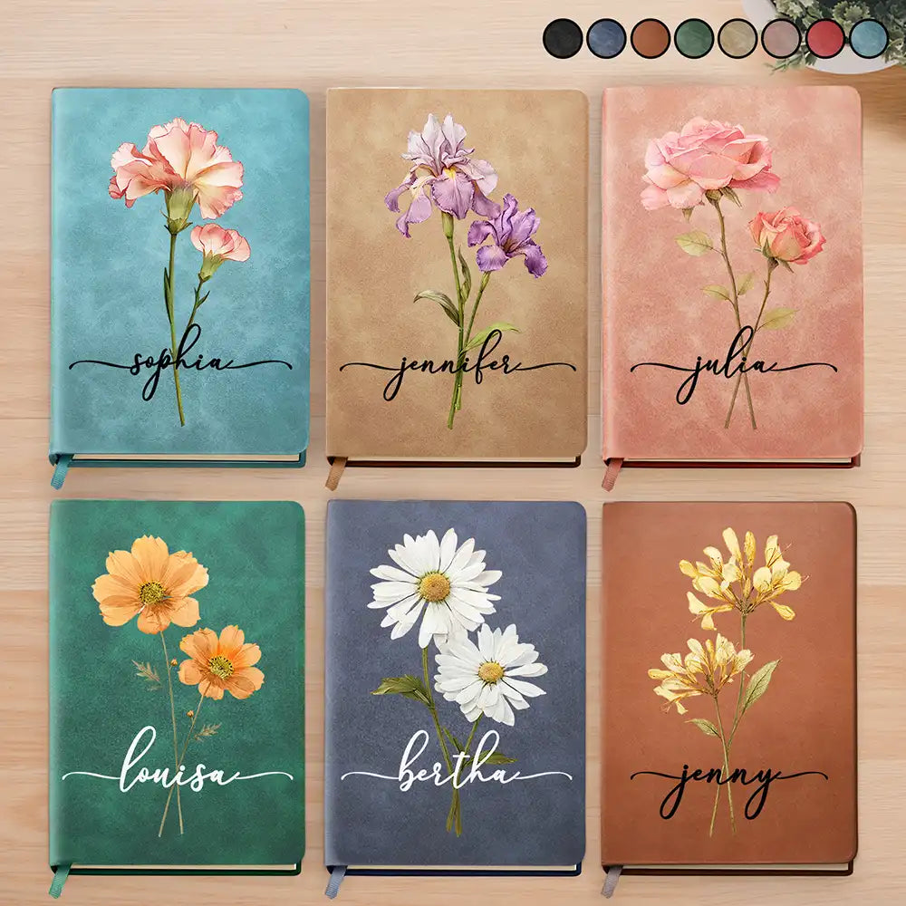 Gift For Wife,Gift For Girlfriend,Gift For Women,Gift For Yourself,Gift For Aunt,Gift For Mother,Gift For Grandma,Gift For Daughter,Gift For Sisters,Gift For Bestie,Happy - Faux Pressed Effect Birth Flower Blooming In Love - Personalized Leather Journal
