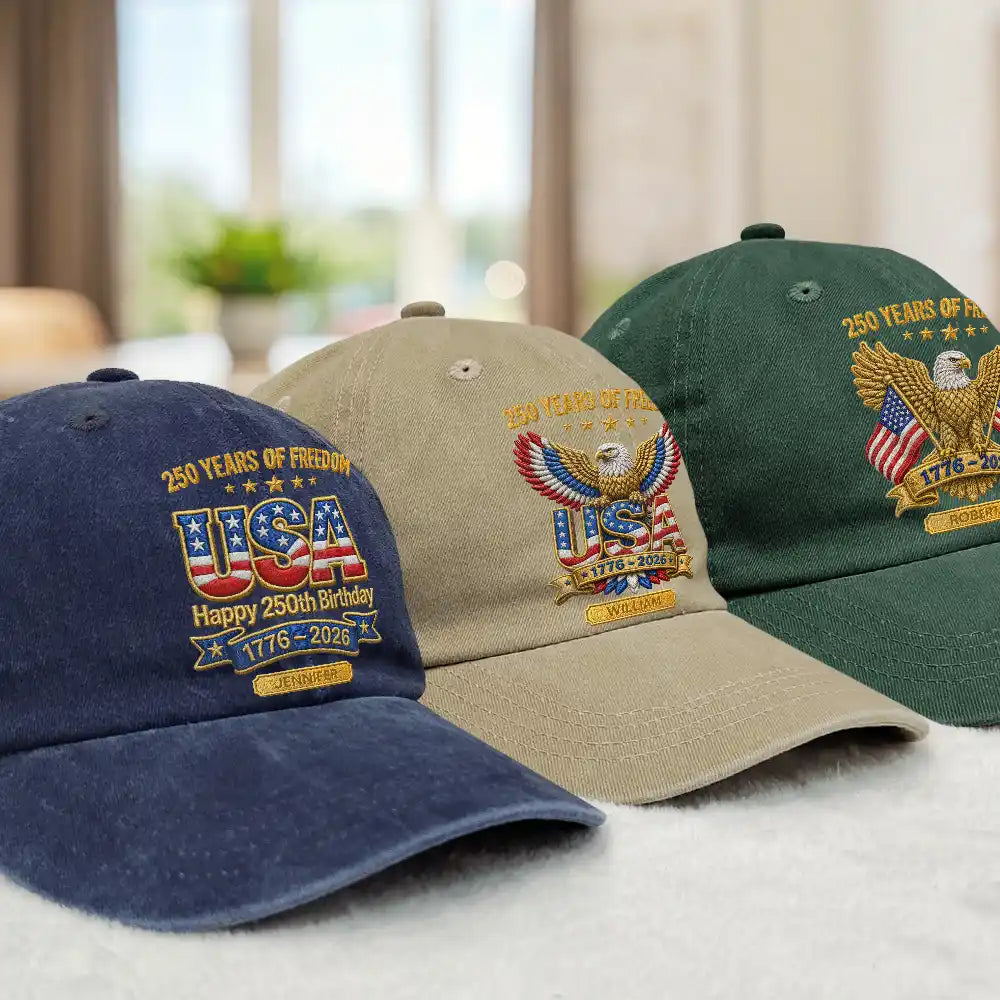America 250th,Independence Day,Gift For Men,Gift For Yourself,Proud,Icon - Faux Puff Embroidery Effect 250 Years Of Freedom - Personalized Vintage Washed Denim Cap
