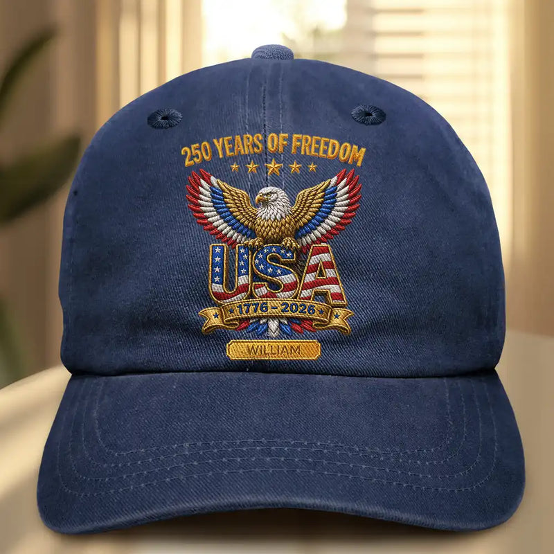 America 250th,Independence Day,Gift For Men,Gift For Yourself,Proud,Icon - Faux Puff Embroidery Effect 250 Years Of Freedom - Personalized Vintage Washed Denim Cap