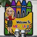 Top Market, Teacher, Inspirational, Back To School, Vector, Alternating Color Text - Faux Yarn Pattern Crayon Box Welcome To Classroom - Personalized Custom Shaped Doormat