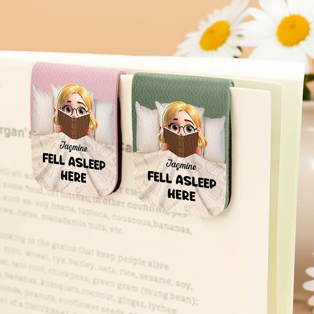 Reading, Gift For Yourself, Gift For Women, Funny - Fell Asleep Here Book Lovers - Personalized Leather Magnetic Bookmark