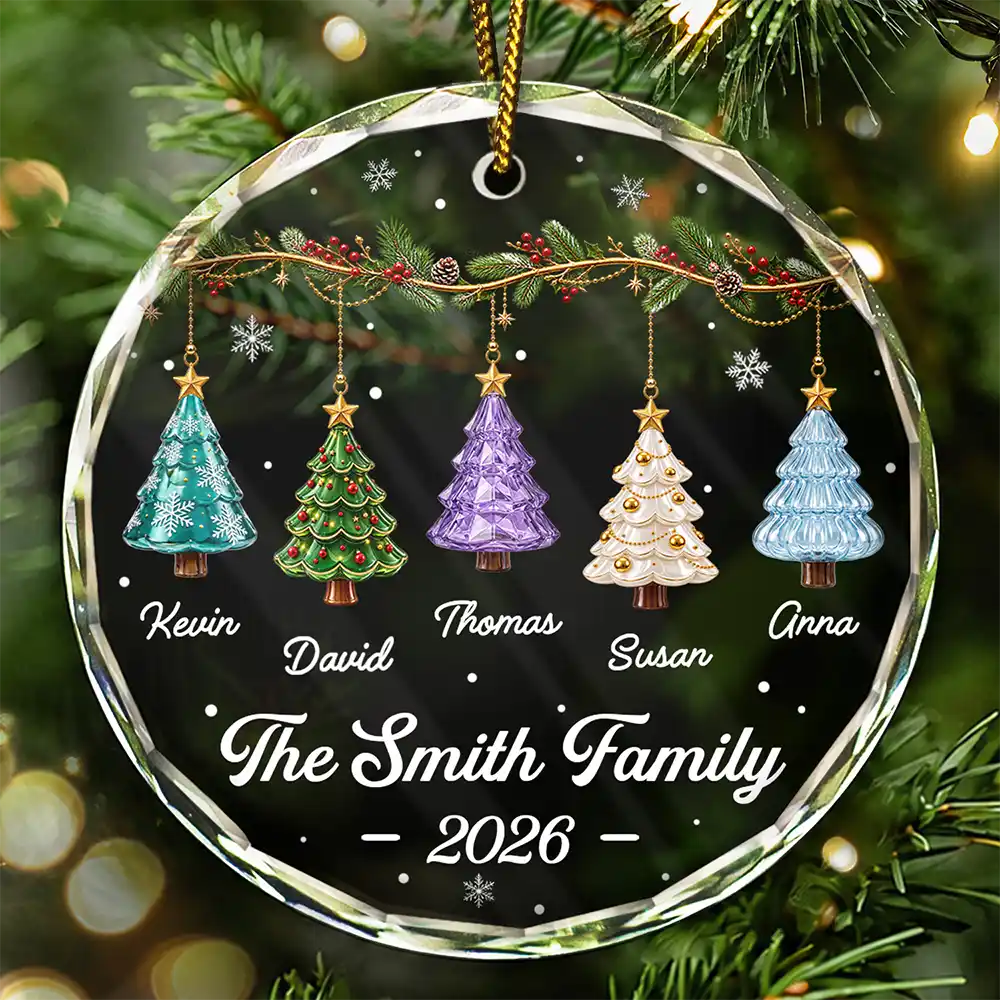 Sentimental,Christmas,Family,Icon - Festive 3D Effect Christmas Trees Family - Personalized Glass Ornament
