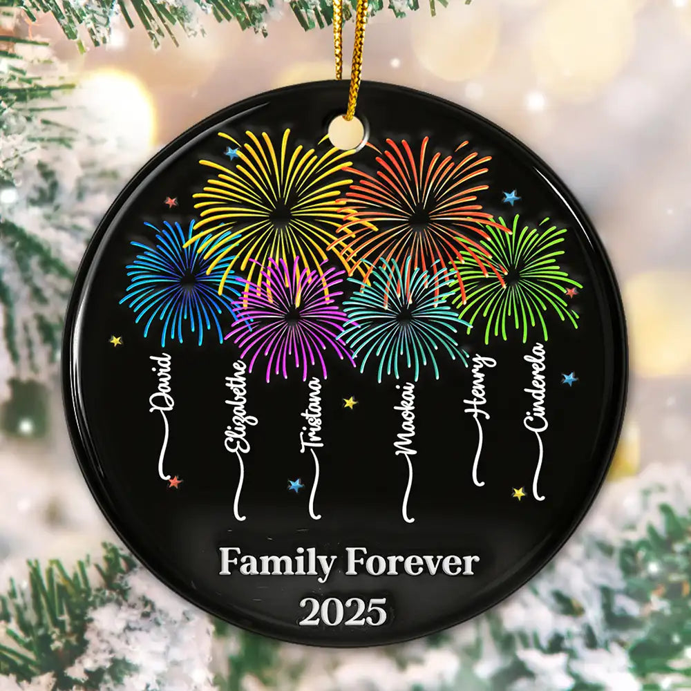 Family,Gift For Bestie,Christmas,Happy - Firework Family Bestie Custom Name - Personalized Circle Ceramic Ornament