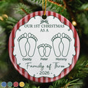 Christmas, Family, Icon, Happy - First Christmas As A Family Of Four Footprints Vintage Stripe - Personalized Circle Ceramic Ornament