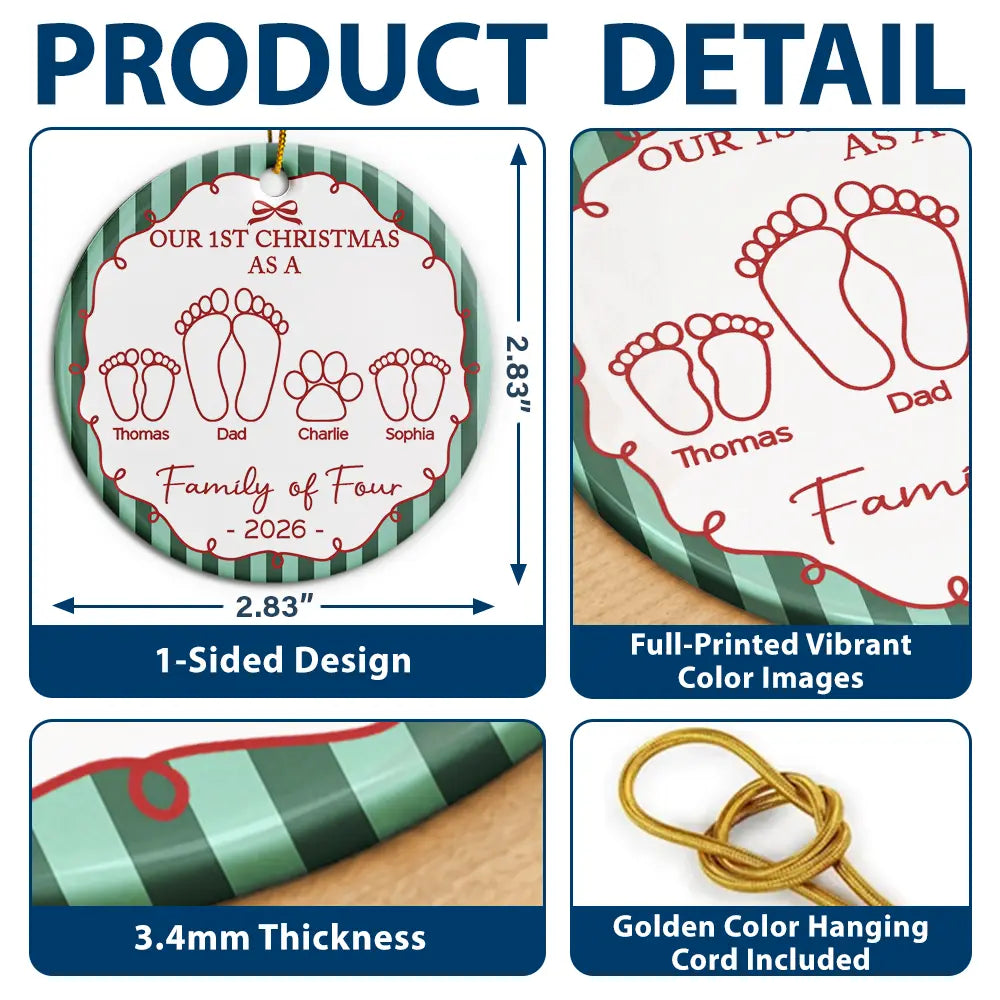 Christmas, Family, Icon, Happy - First Christmas As A Family Of Four Footprints Vintage Stripe - Personalized Circle Ceramic Ornament