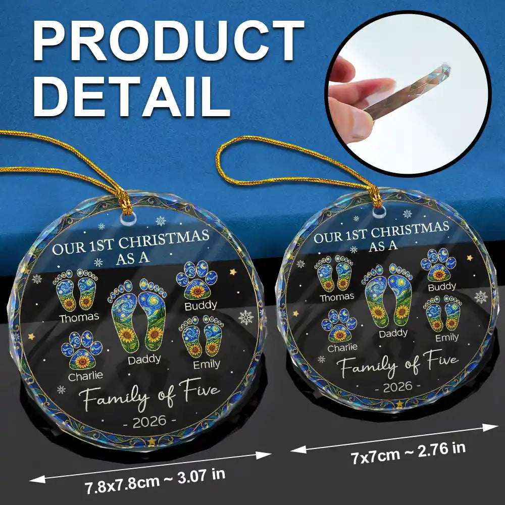 Family,Icon,Happy - First Christmas As A Family Of Four Sunflower Footprints - Personalized Circle Glass Ornament