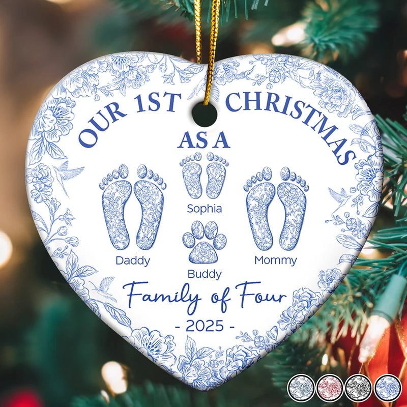 Christmas,Family,Dog Lovers,Cat Lovers,Pet Lovers,Parents,Happy - First Christmas As A Family Of Four Toile Footprints - Personalized Heart Ceramic Ornament