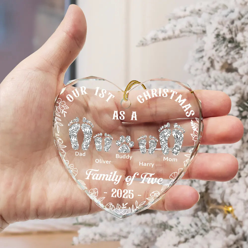 Christmas,Family,Dog Lovers,Cat Lovers,Pet Lovers,Parents,Happy - First Christmas As A Family Of Four Toile Footprints - Personalized Heart Shaped Glass Ornament