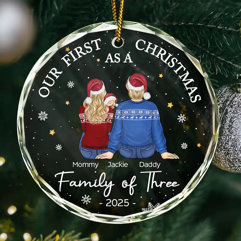 Family, Parents, New Baby - First Christmas As A Family Of Three New Parents - Personalized Circle Glass Ornament