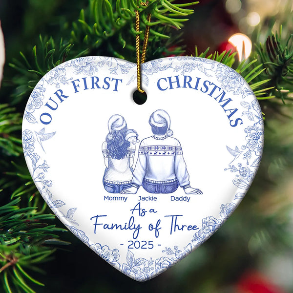 Christmas, Family, Dog Lovers, Cat Lovers, Pet Lovers, Parents, Happy, New Dad, New baby, New Mom - First Christmas As A Family Of Three New Parents Toile - Personalized Heart Ceramic Ornament