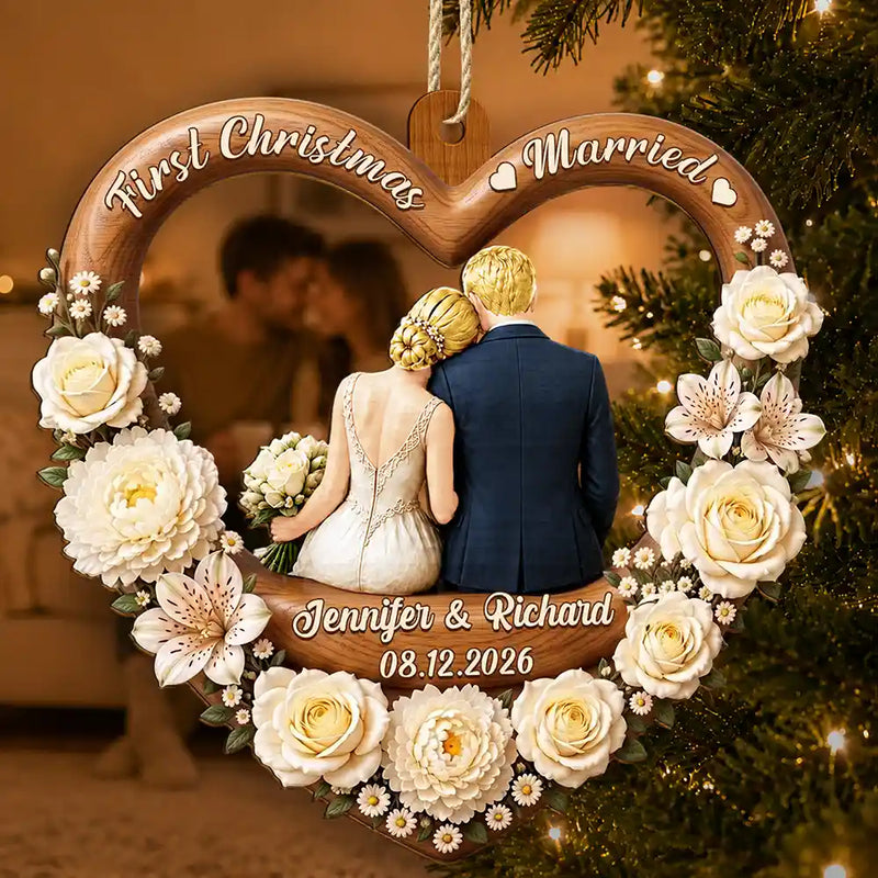 Christmas,Married Couple,Romantic,Gift For Couples,Icon - First Christmas As Mr. & Mrs. Couple Backside - Personalized Custom Shaped Wooden Ornament