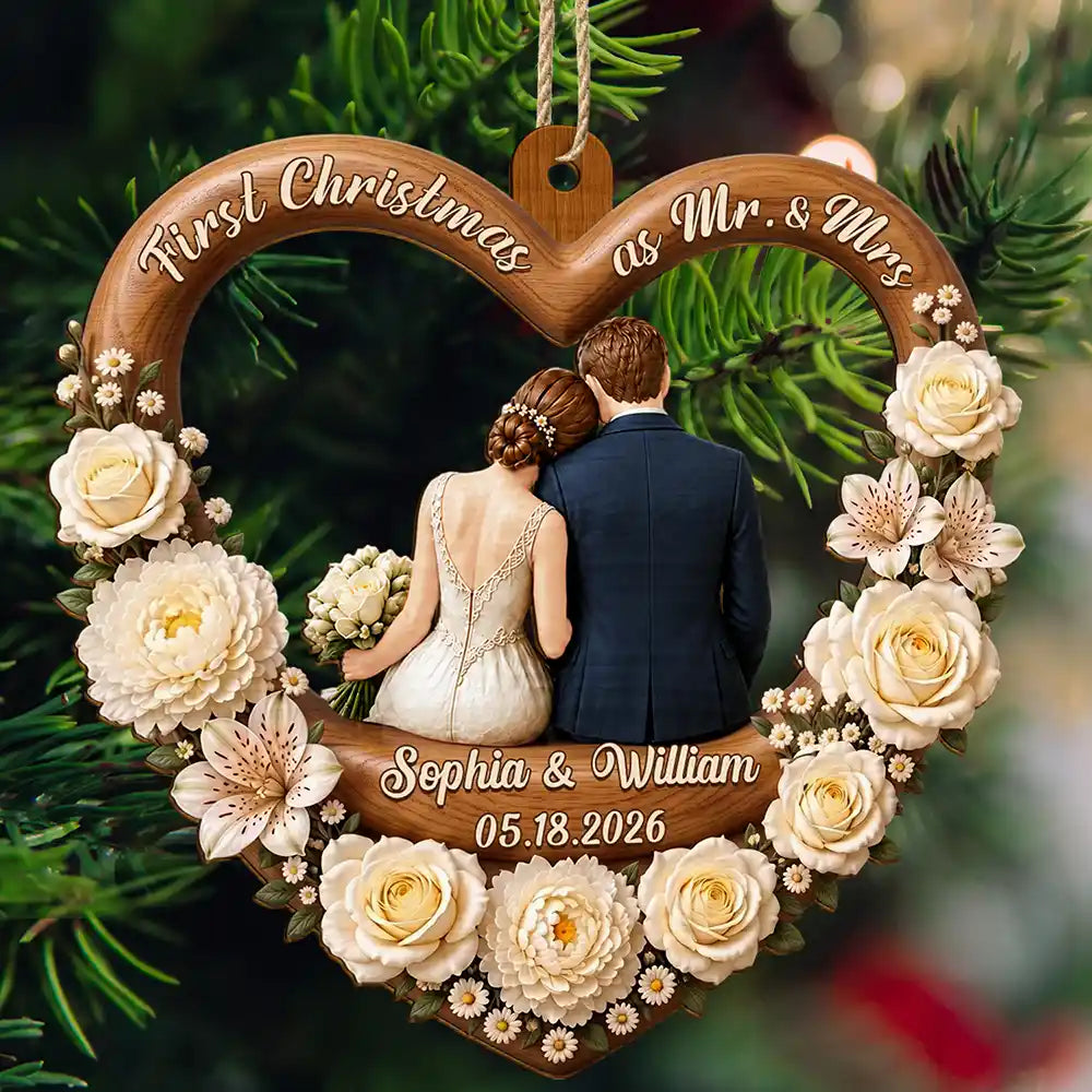 Christmas,Married Couple,Romantic,Gift For Couples,Icon - First Christmas As Mr. & Mrs. Couple Backside - Personalized Custom Shaped Wooden Ornament