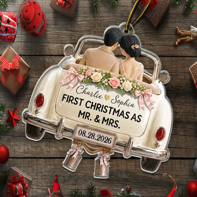 Christmas,Married Couple,Romantic,Gift For Couples,Vector - First Christmas As Mr. & Mrs. Wedding Car - Personalized Custom Shaped Acrylic Ornament