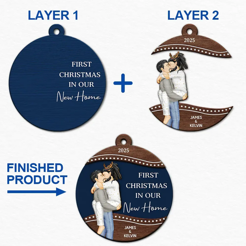 Christmas,Gift For Couples,Engaged,Wedding,Married ,Love - First Christmas As Mr & Mrs Loving Kissing Couple - Personalized 2-Layered Wooden Ornament
