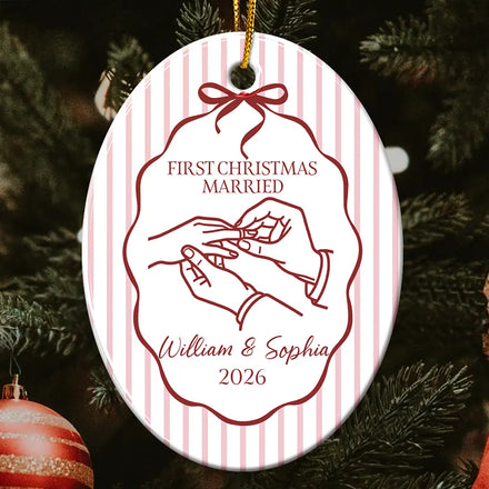First Christmas Married Stripes Pattern - Personalized Oval Ceramic Ornament