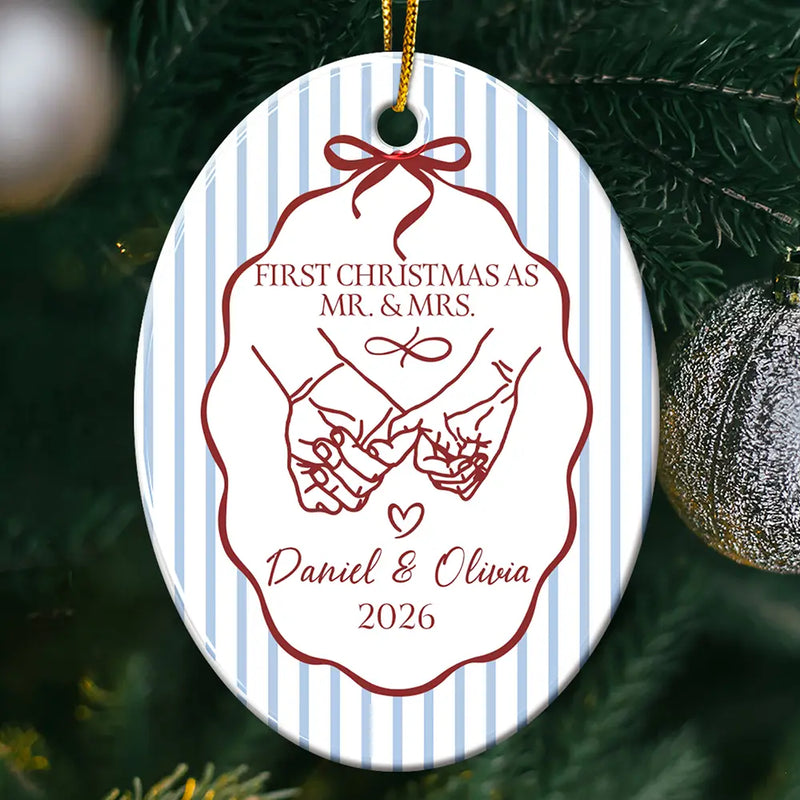 Christmas, Married Couple, Romantic, Gift For Couples, Icon - First Christmas Married Stripes Pattern - Personalized Oval Ceramic Ornament