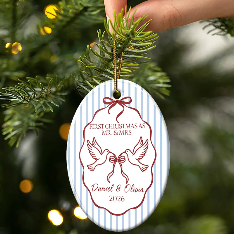 Christmas, Married Couple, Romantic, Gift For Couples, Icon - First Christmas Married Stripes Pattern - Personalized Oval Ceramic Ornament