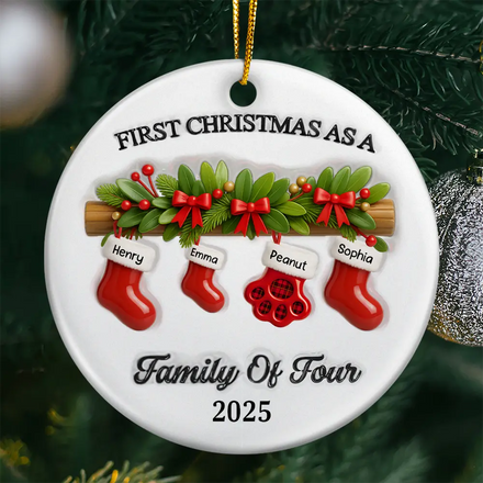 First Christmas Stocking Family - Personalized Circle Ceramic Ornament