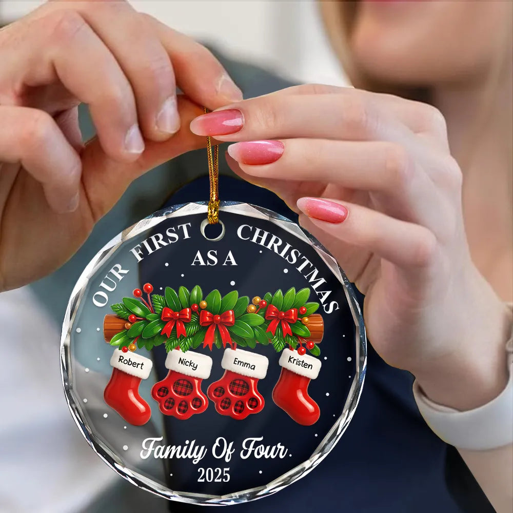 Family,Pet Lovers,Pet Mom,Pet Dad,Pet Couple,Dog Lovers,Dog Couple,Dog Mom,Dog Dad,Cat Lovers,Cat Mom,Cat Dad,Cat Couple,Happy,Christmas - First Christmas Stocking Family - Personalized Circle Glass Ornament