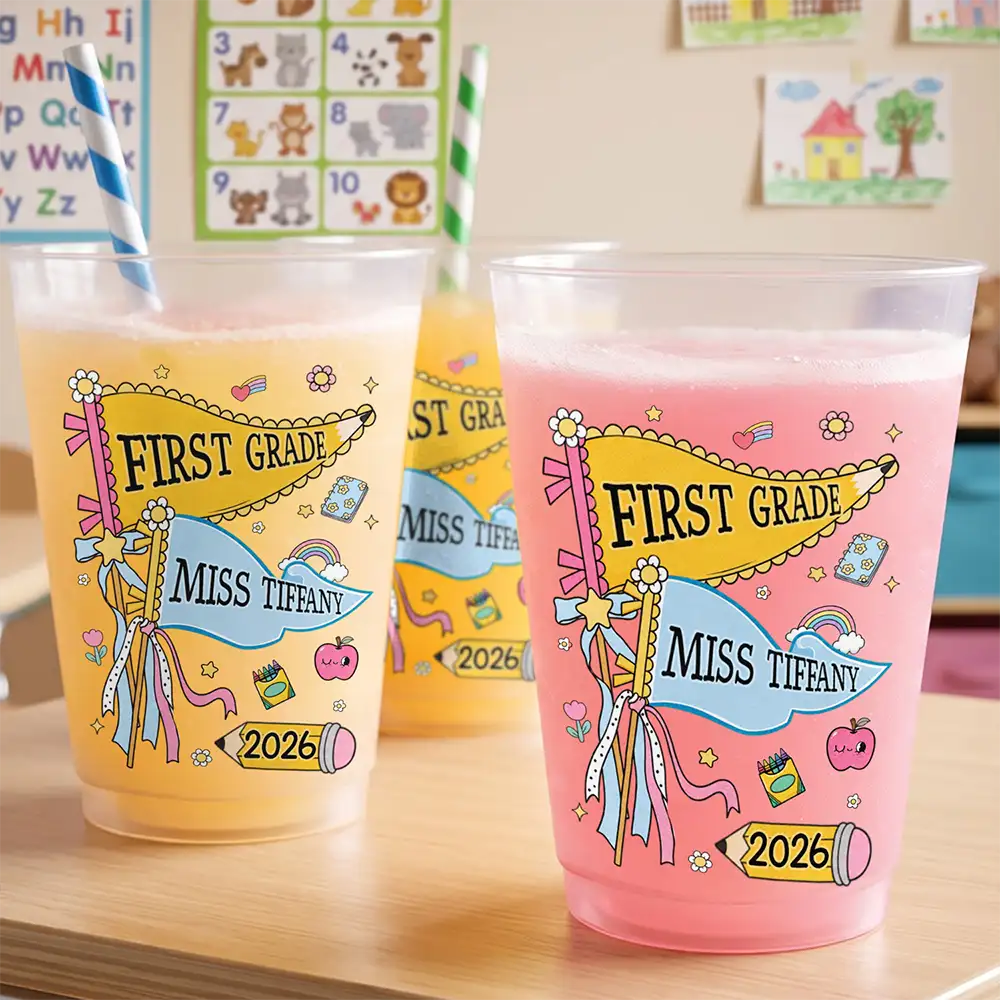 Adorable,Teacher,Back To School,Warp Text - First Day Of School Teacher Name Pennant - Personalized Frosted Cups