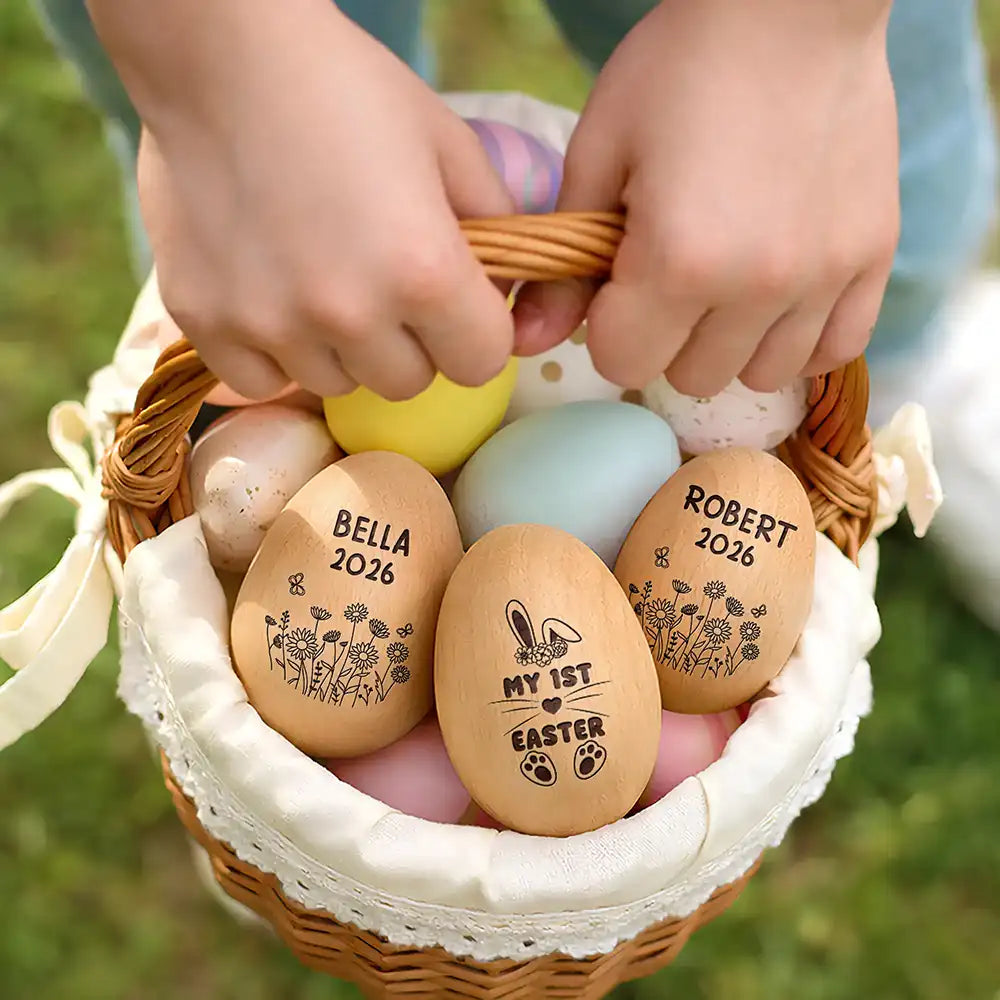Gift For Kids,Grandma - Grandkids,Gift For Grandkids,Dad - Children,Mom - Children,Easter,Happy - First Easter Cute Bunny With Name - Personalized Musical Wooden Easter Egg Shaker