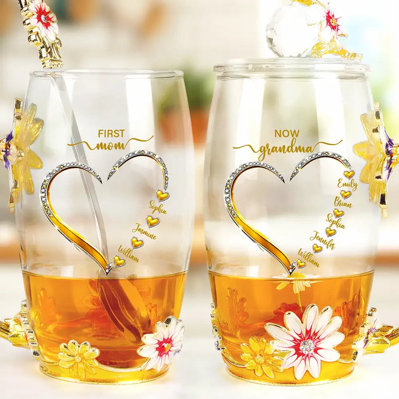 Gift For Grandma, Grandma - Grandkids, Gift For Mother, Happy - First Mom Now Grandma - Personalized Glass Flower Tea Cup