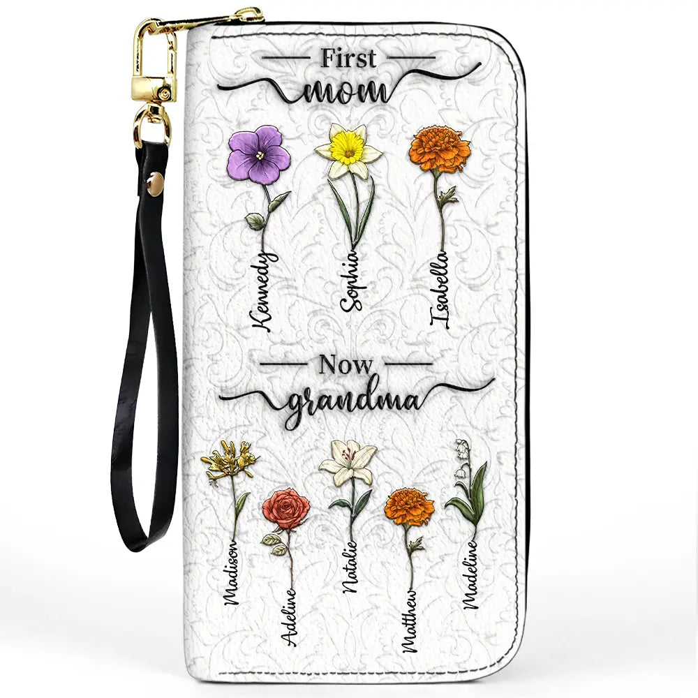 Gift For Mother,Gift For Grandma,Love,Happy - First Mom Now Grandma 3D Effect Birth Flowers - Personalized Leather Long Wallet