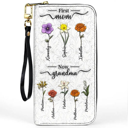 First Mom Now Grandma 3D Effect Birth Flowers - Personalized Leather Long Wallet