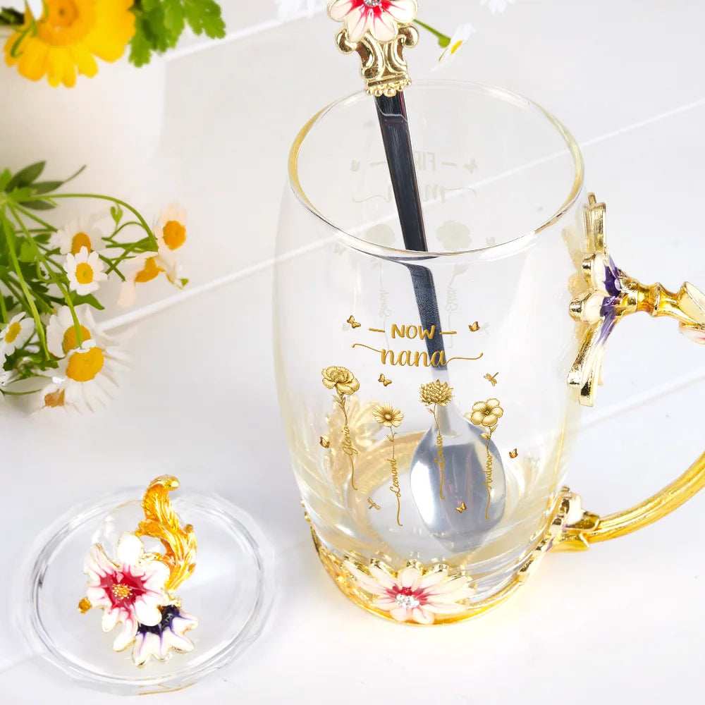 Gift For Mother,Gift For Grandma,Love - First Mom Now Grandma Birth Flowers - Personalized Glass Flower Tea Cup