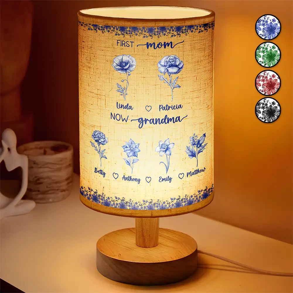 Gift For Grandma,Gift For Mother,Gift For Women,Happy,Christmas - First Mom Now Grandma Toile Birth Month Flowers - Personalized Fabric Lamp