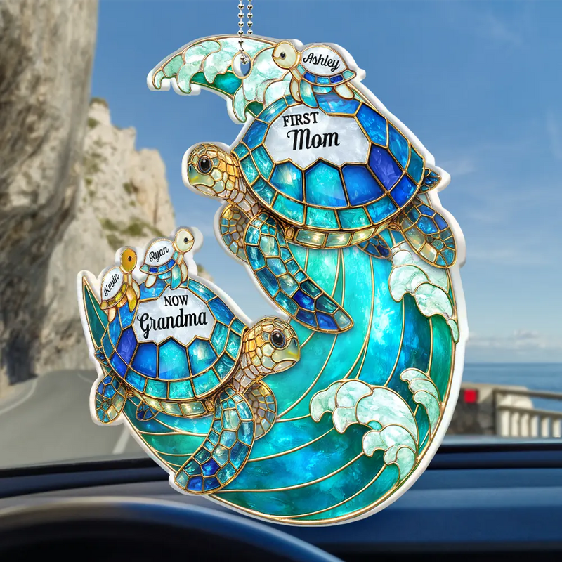 Gift For Grandma,Grandma - Grandkids,Gift For Mother,Beach,Happy,Non-Eng,Icon,Grateful - First Mom Now Grandma Turtle - Personalized Acrylic Car Hanger