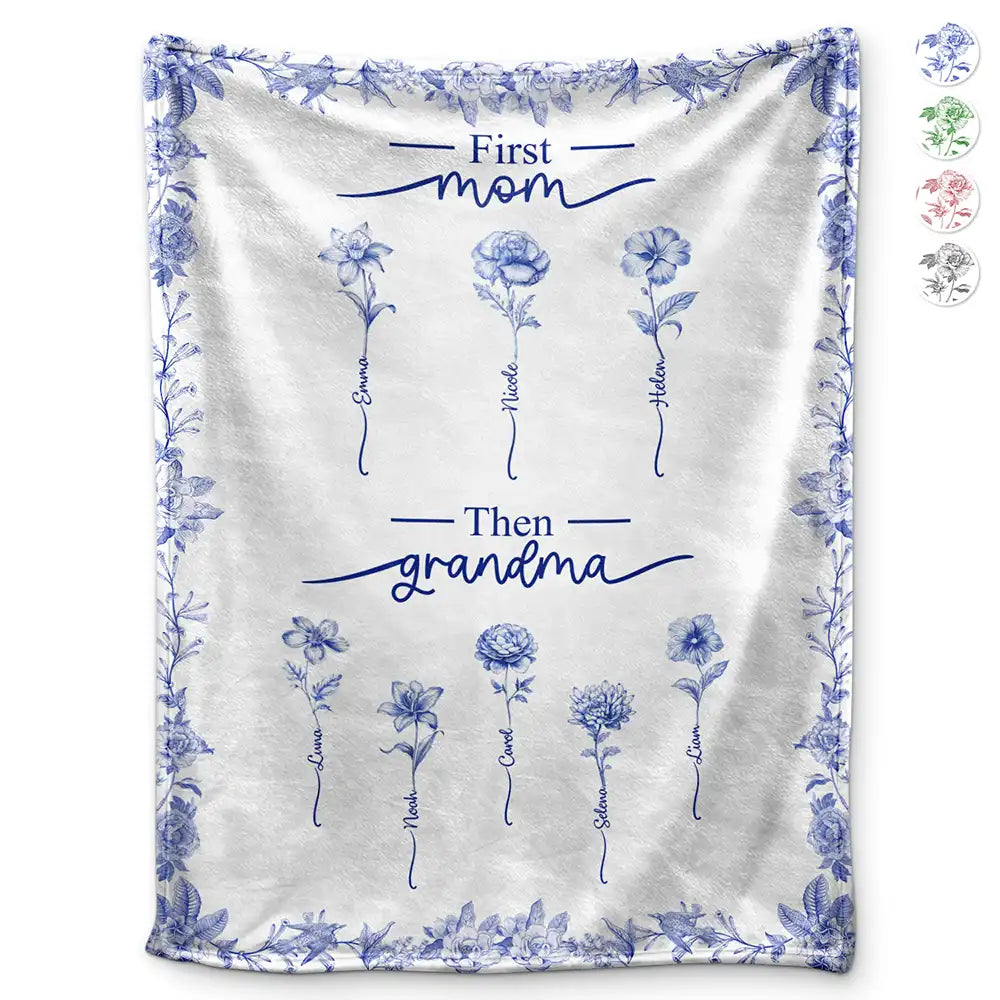 First Mom Then Grandma Birth Month Flower Chinoiserie Toile - Personalized Fleece Blanket, Sherpa Blanket