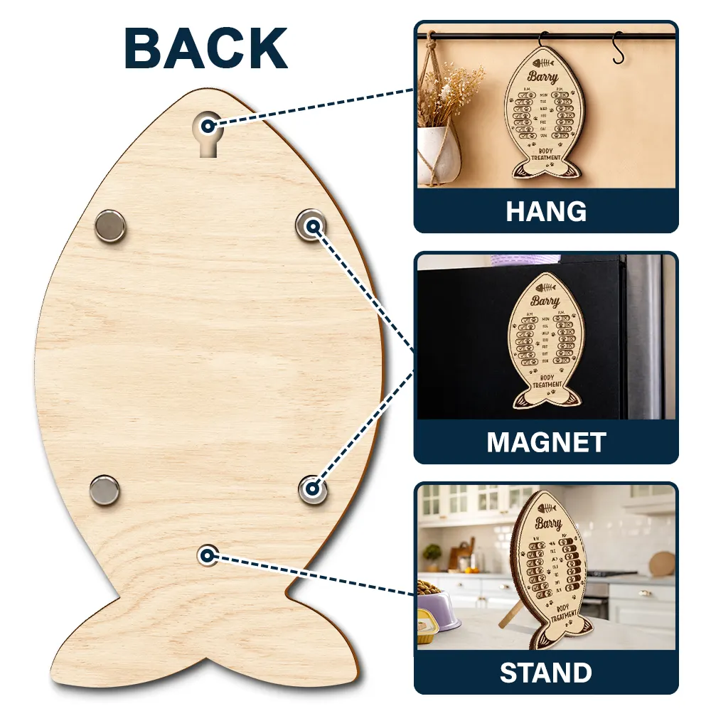 Cat Lovers,Cat Mom,Cat Couple,Cat Dad - Fish Bone Shaped Feeding And Medication Tracker - Personalized Wooden Pet Feeding Reminder