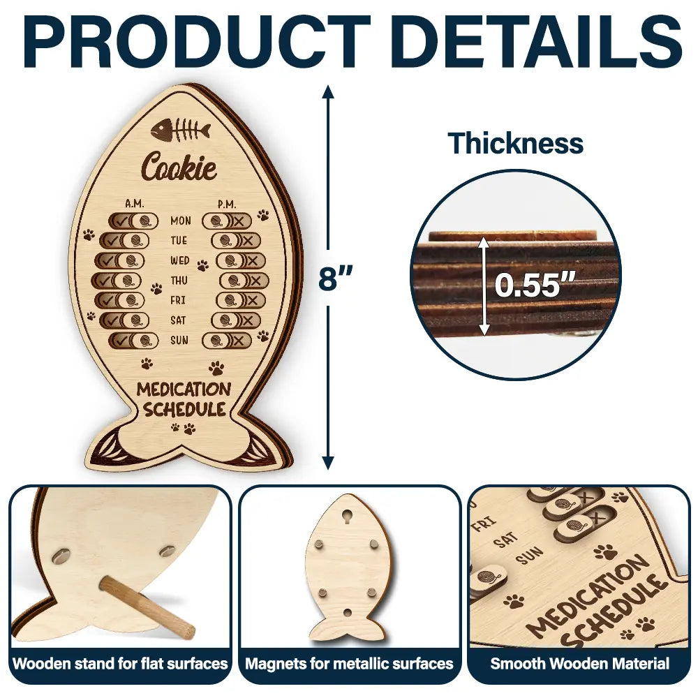 Cat Lovers,Cat Mom,Cat Couple,Cat Dad - Fish Bone Shaped Feeding And Medication Tracker - Personalized Wooden Pet Feeding Reminder