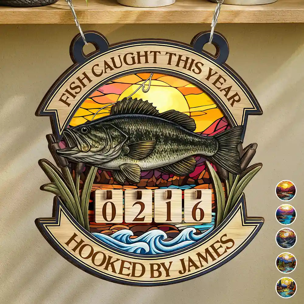 Fish Caught This Year Stained Glass Background- Personalized Hanging Tracker Sign