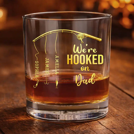 Fishing We Are Hooked On Daddy - Personalized Whiskey Glass