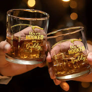 Gift For Father,Gift For Grandpa,Happy,Fishing,Non-Eng,Proud - Fishing We Are Hooked On Daddy - Personalized Whiskey Glass