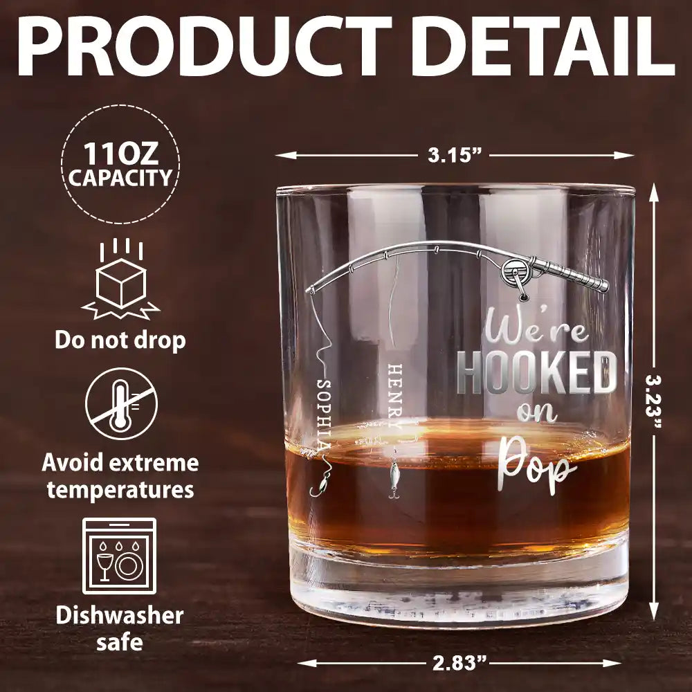 Gift For Father,Gift For Grandpa,Happy,Fishing,Non-Eng,Proud - Fishing We Are Hooked On Daddy - Personalized Whiskey Glass