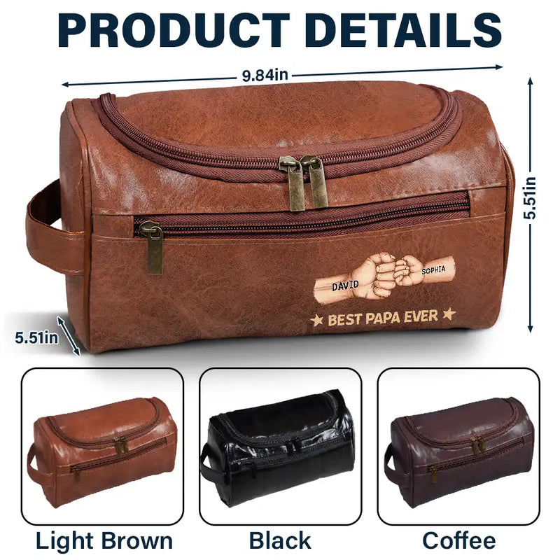 Gift For Yourself, Gift For Men, Grandpa - Grandkids, Gift For Grandpa, Gift For Father, Dad - Children, Dad - Sons, Dad - Daughters (Young), Dad - Daughters (Adult), Love - Fist Bump Best Dad Grandpa Papa Ever - Personalized Leather Toiletry Bag