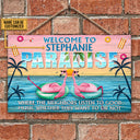 Flamingo Paradise Welcome To Where Neighbors Custom Wood Rectangle Sign