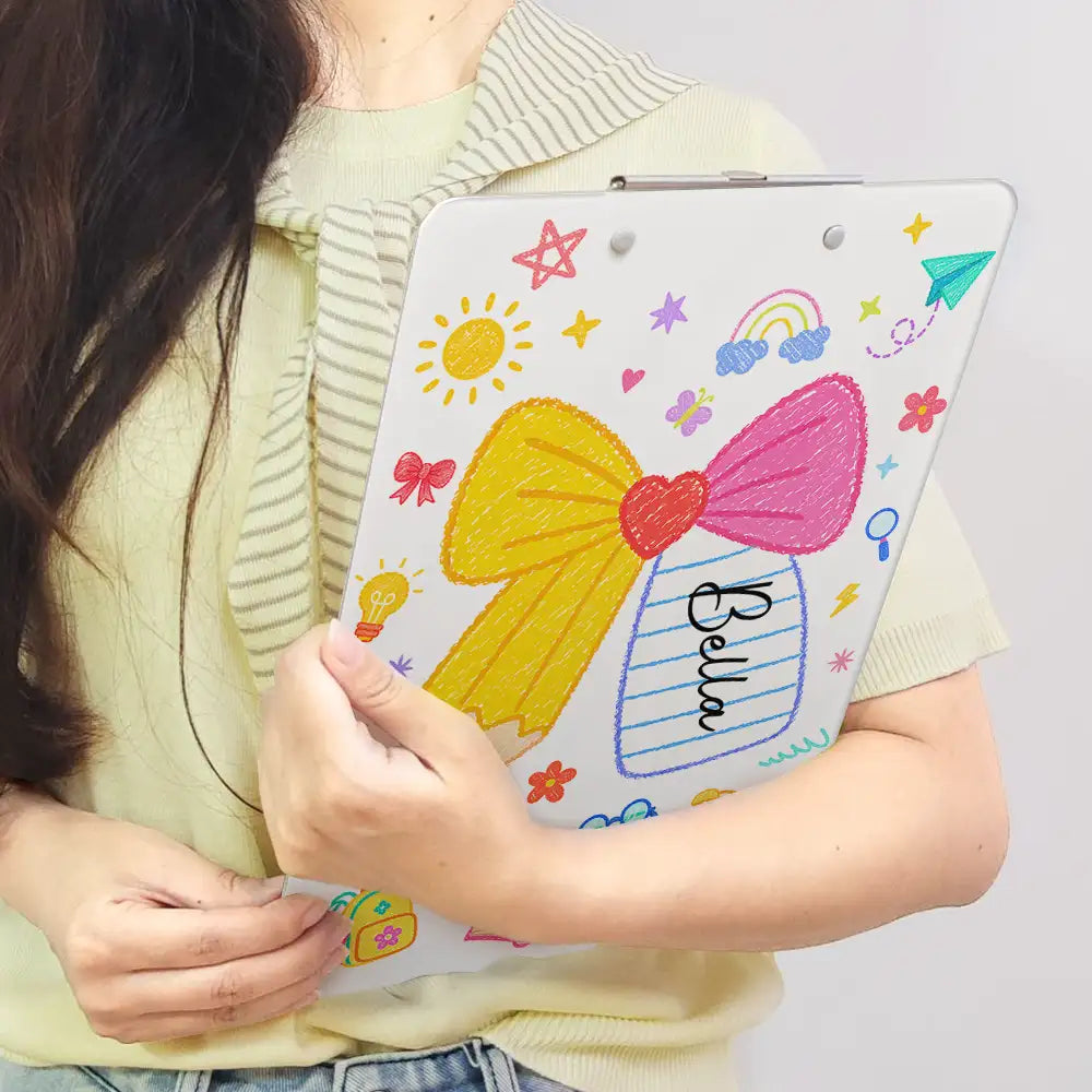 Back To School, Teacher, Adorable, Custom Text - Floral Pencil With Name - Personalized Acrylic Clipboard