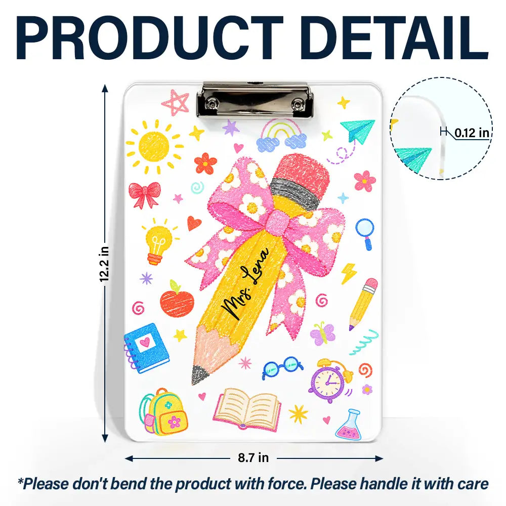 Back To School, Teacher, Adorable, Custom Text - Floral Pencil With Name - Personalized Acrylic Clipboard