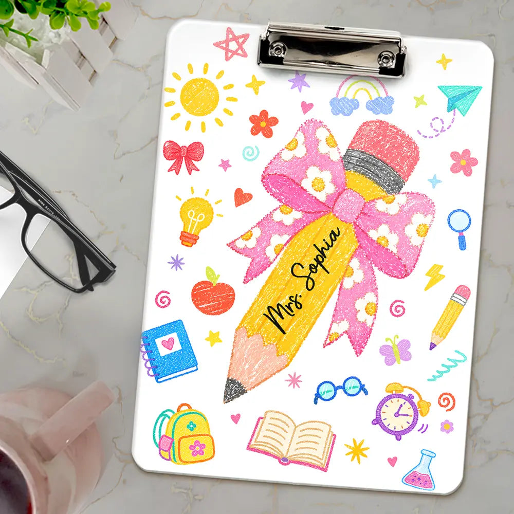 Back To School, Teacher, Adorable, Custom Text - Floral Pencil With Name - Personalized Acrylic Clipboard