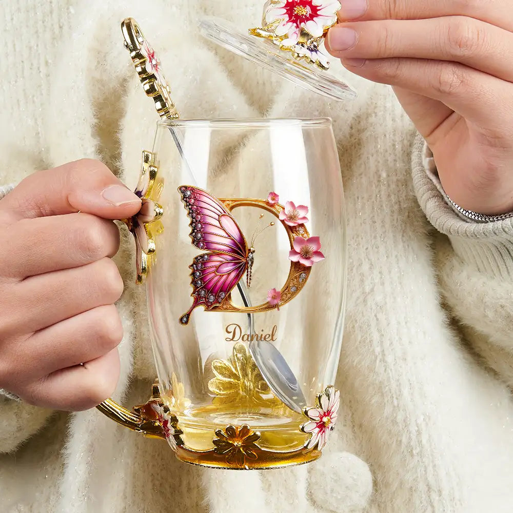 Gift For Yourself,Gift For Women,Gift For Men - Flower Butterfly Monogram - Personalized Glass Flower Tea Cup
