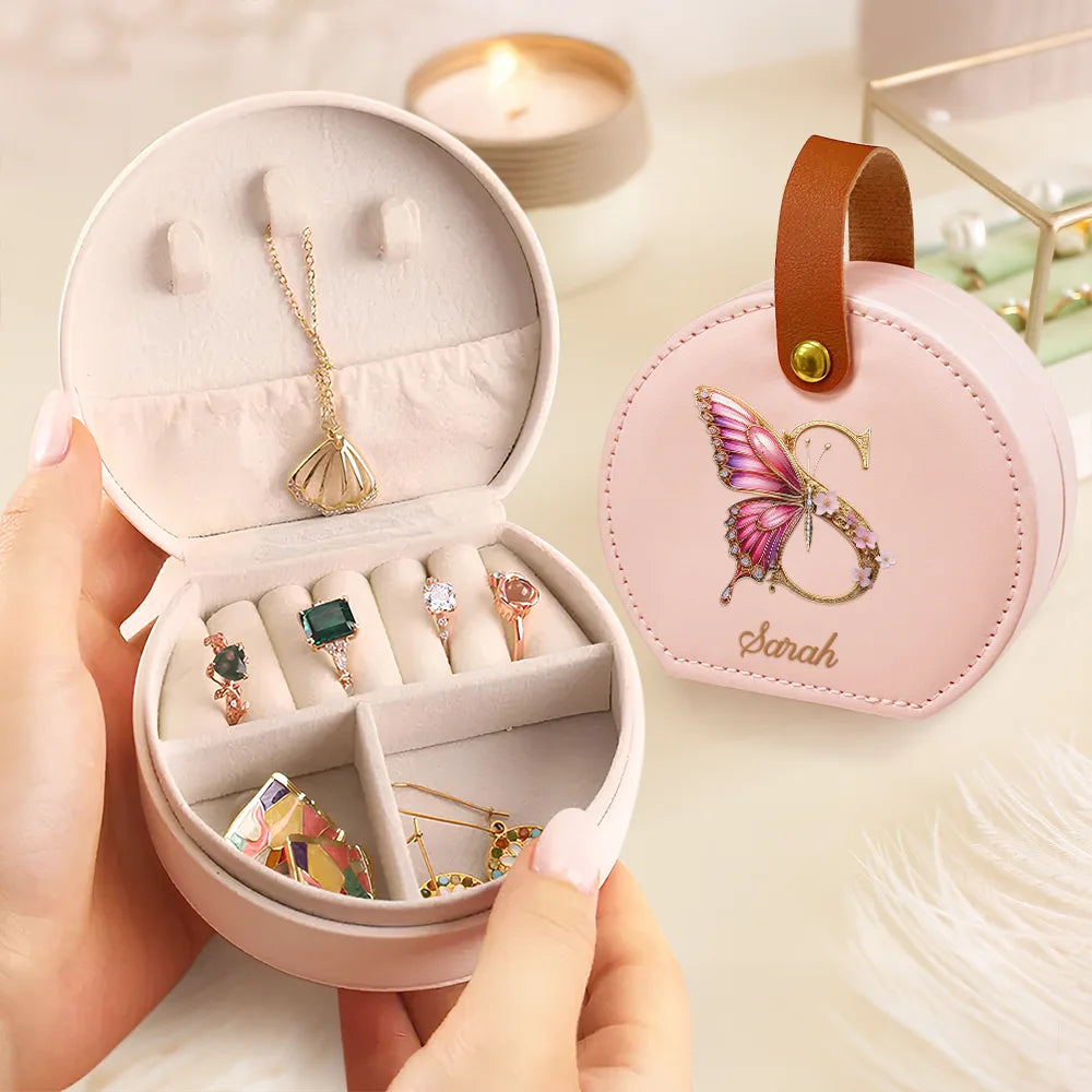 Gift For Yourself,Travel,Gift For Women,Summer,Happy - Flower Butterfly Monogram - Personalized Jewelry Box With Handle